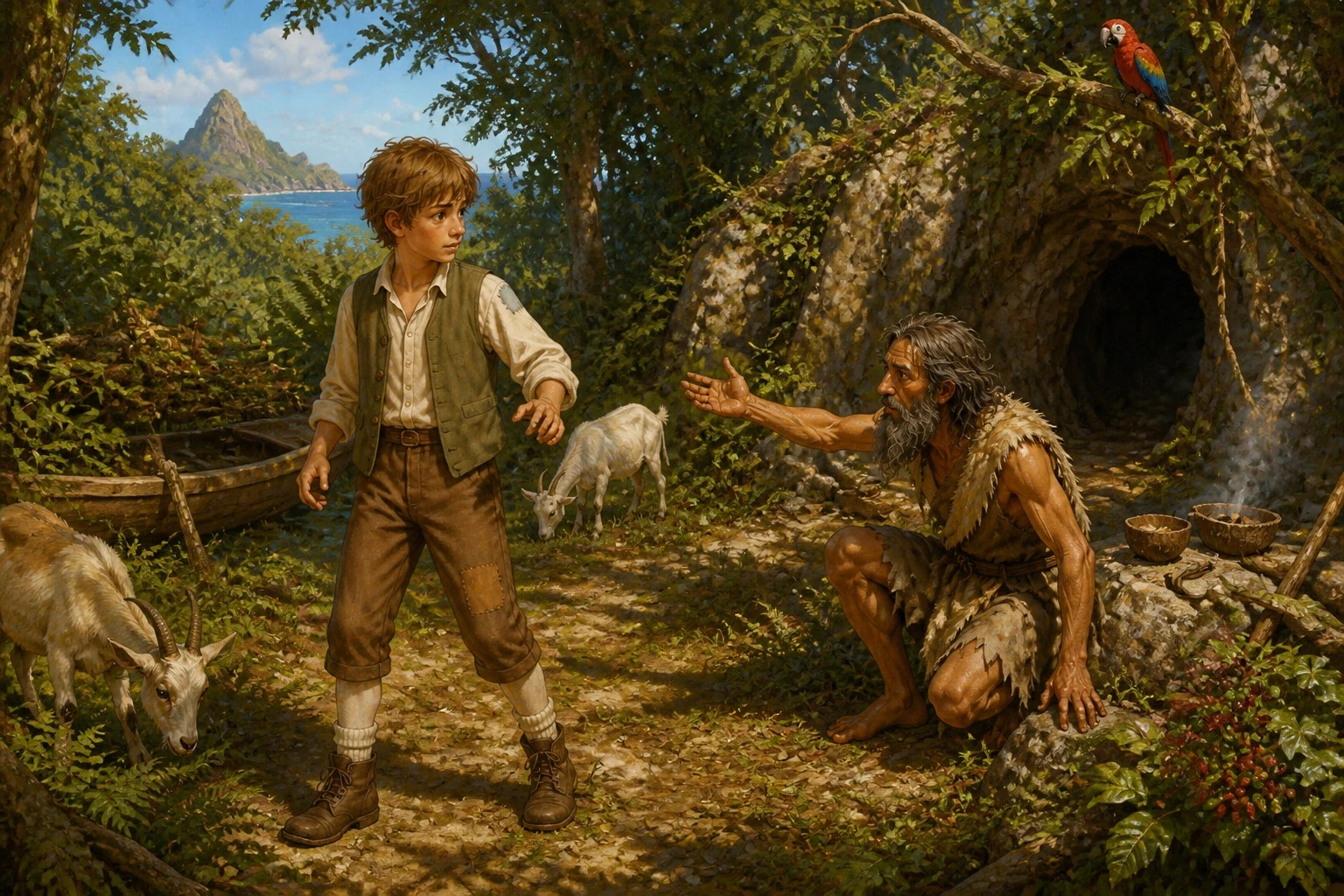 Deep in the woods, a strange wild figure sprang out from behind a tree, and Jim nearly ran before he saw it was only a man — a castaway sailor named Ben Gunn… Deep in the woods, a strange wild figure sprang out from behind a tree, and Jim nearly ran before he saw it was only a man — a castaway sailor named Ben Gunn…