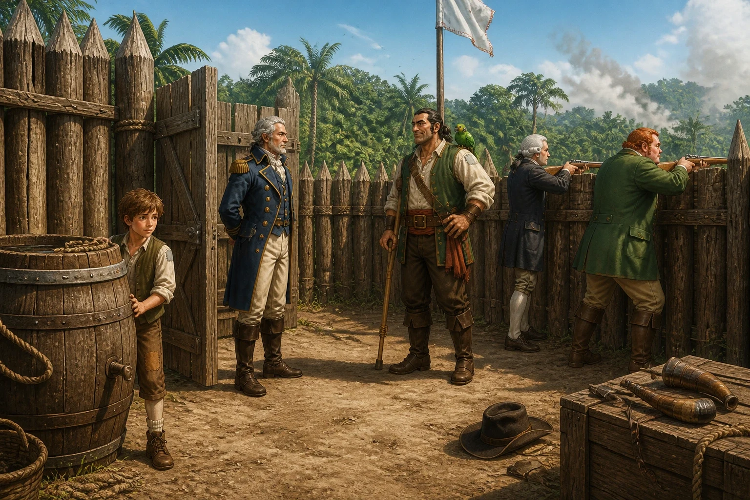 The captain's loyal party took shelter inside an old log stockade that Captain Flint himself had once built, while the mutineers gathered in the woods beyond. The captain's loyal party took shelter inside an old log stockade that Captain Flint himself had once built, while the mutineers gathered in the woods beyond.