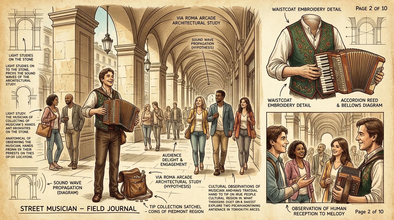 Via Roma, la elegante calle comercial de Turín, resuena con las melodías de los músicos callejeros. Las aceras con soportales ofrecen sombra mientras los… Via Roma, la elegante calle comercial de Turín, resuena con las melodías de los músicos callejeros. Las aceras con soportales ofrecen sombra mientras los…