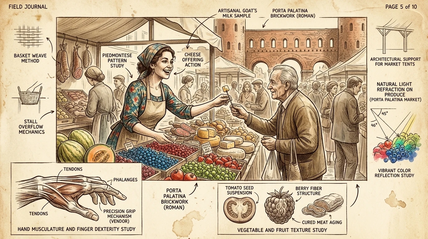 La Porta Palatina, una antigua puerta romana, sirve de telón de fondo a un animado mercado de alimentos en Turín. Los vendedores ofrecen productos frescos… La Porta Palatina, una antigua puerta romana, sirve de telón de fondo a un animado mercado de alimentos en Turín. Los vendedores ofrecen productos frescos…