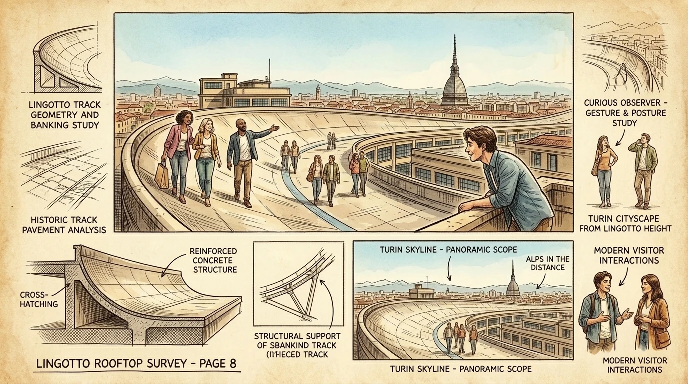Lingotto, la antigua fábrica de Fiat, cuenta con una pista de pruebas en la azotea, un testimonio de la historia automotriz de Turín. Lingotto, la antigua fábrica de Fiat, cuenta con una pista de pruebas en la azotea, un testimonio de la historia automotriz de Turín.