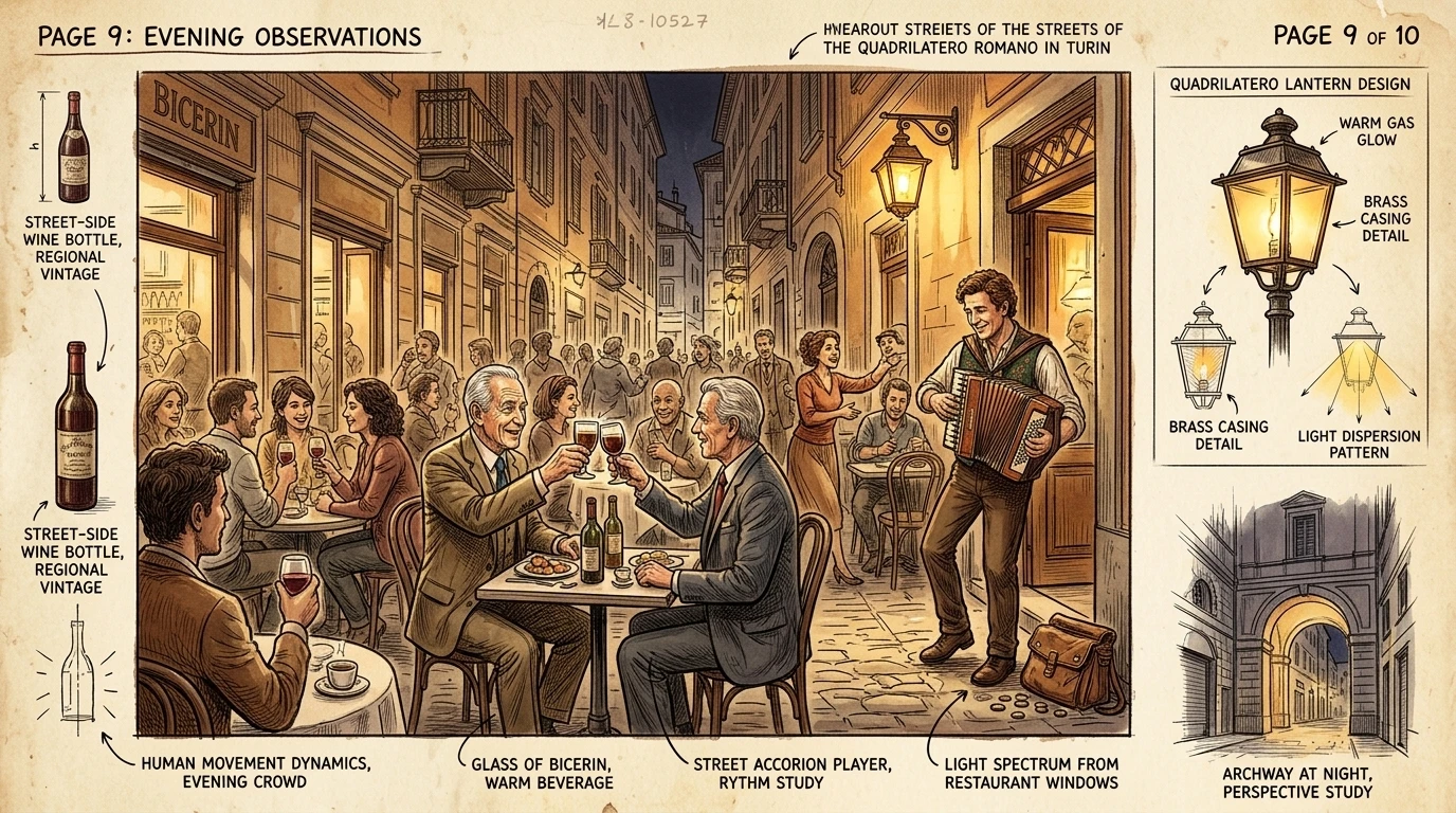 El distrito de Quadrilatero Romano cobra vida por la noche, con bares y restaurantes que se extienden por las estrechas calles. El distrito de Quadrilatero Romano cobra vida por la noche, con bares y restaurantes que se extienden por las estrechas calles.
