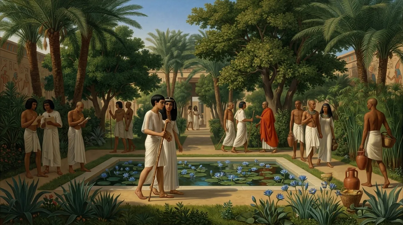 Within the serene, enclosed royal garden of the Malkata palace, fragrant with the scent of blooming lotuses and the soft murmur of fountains, the pharaoh, now a…