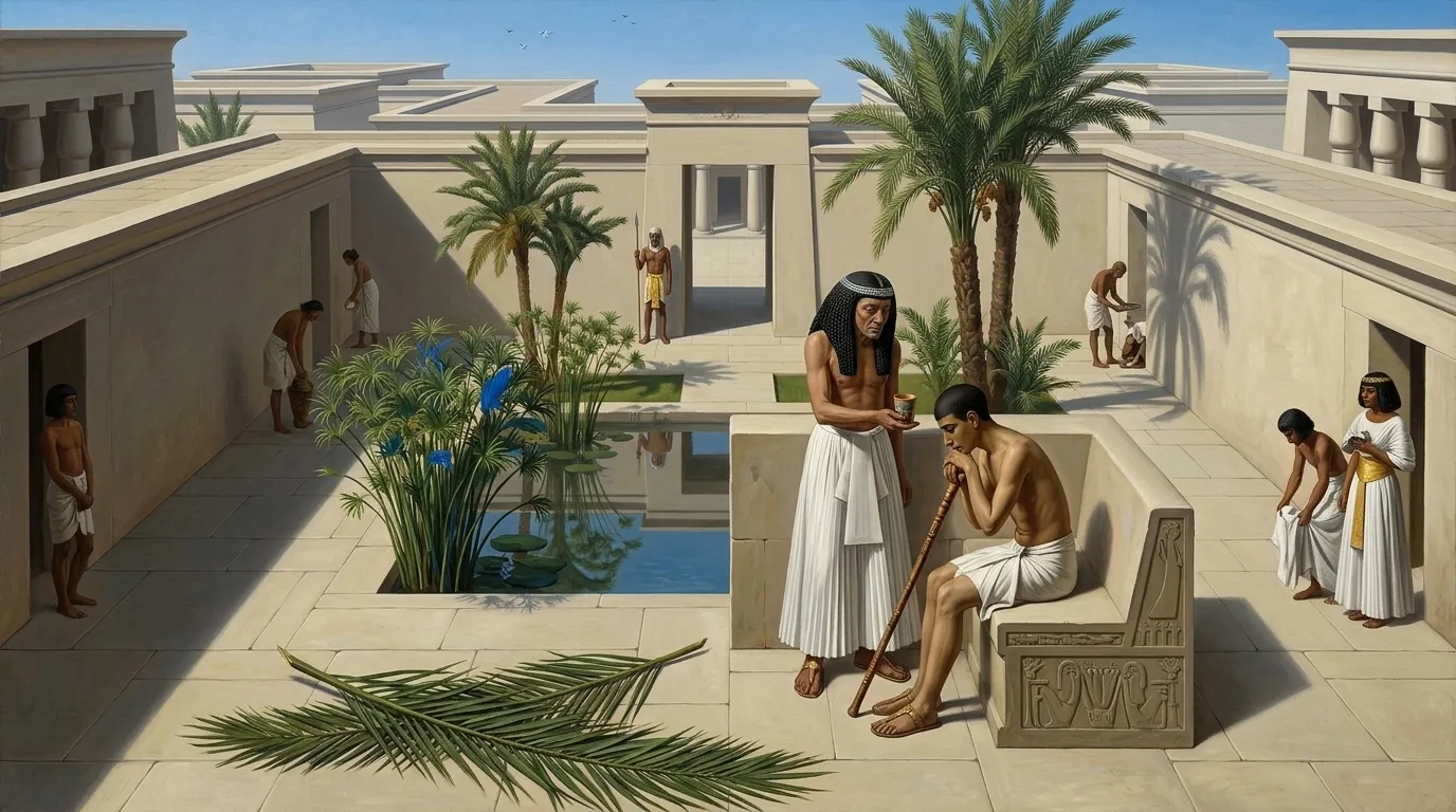 In a secluded courtyard within the royal palace at Memphis, filled with the gentle rustling of palm fronds and the distant chatter of servants, the pharaoh, now…