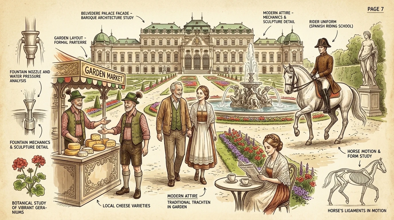 The Belvedere Palace, home to Gustav Klimt's masterpiece "The Kiss," is surrounded by meticulously manicured gardens. Visitors stroll through the Baroque…