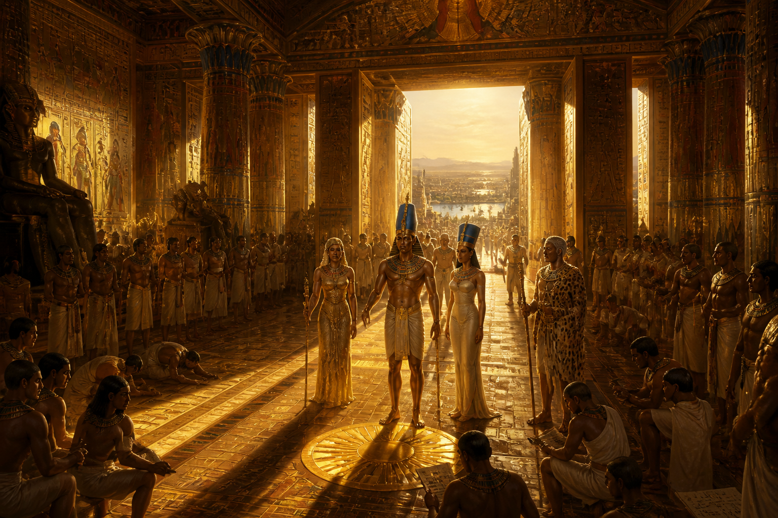 In the grandeur of the palace at Thebes, a monumental shift is underway. Akhenaten, once known as Amenhotep IV, ascends the throne, surrounded by a court poised… In the grandeur of the palace at Thebes, a monumental shift is underway. Akhenaten, once known as Amenhotep IV, ascends the throne, surrounded by a court poised…