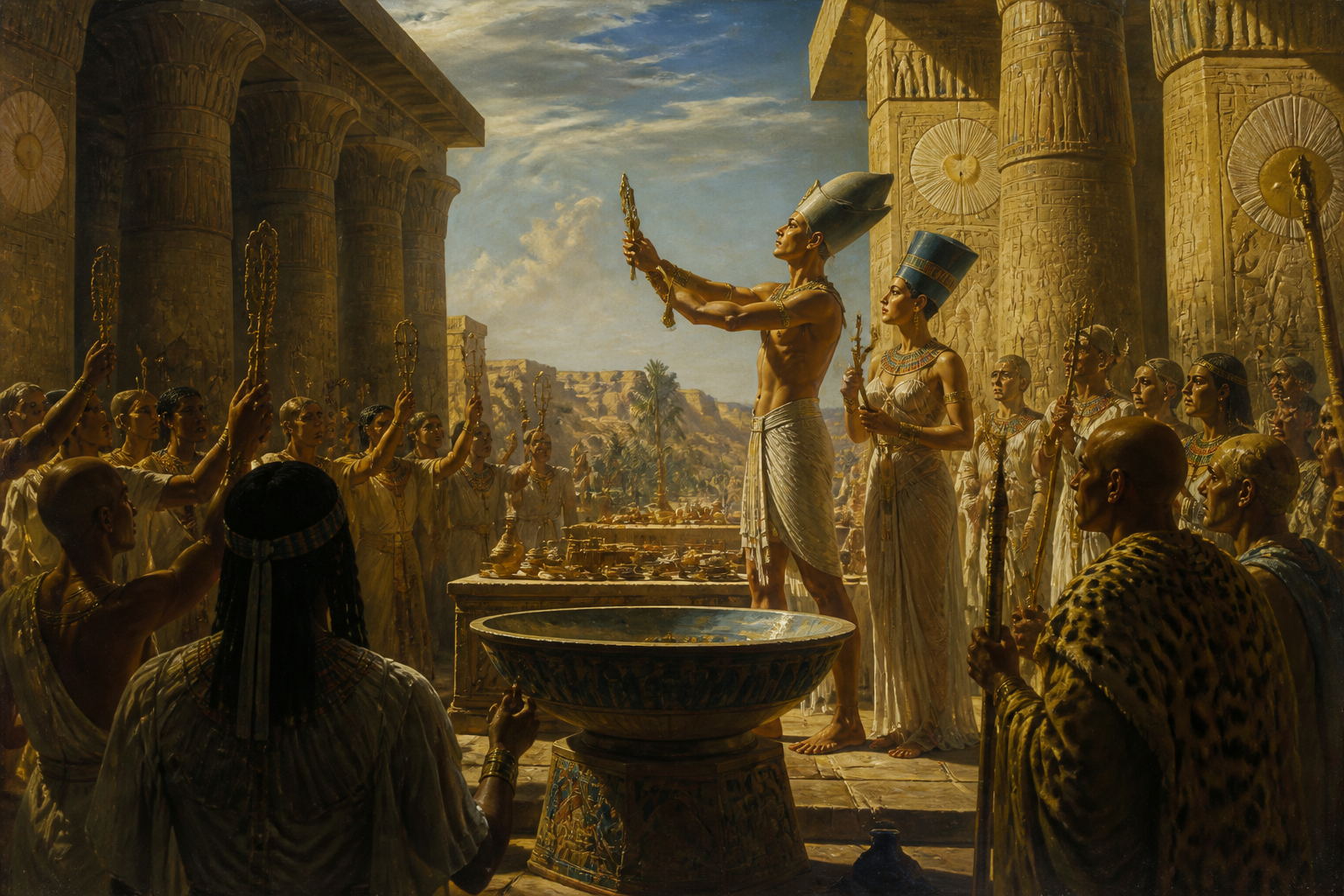 Within the sun-bathed walls of the Great Temple of Aten, Akhenaten initiates a ritual that defies centuries of tradition. Within the sun-bathed walls of the Great Temple of Aten, Akhenaten initiates a ritual that defies centuries of tradition.