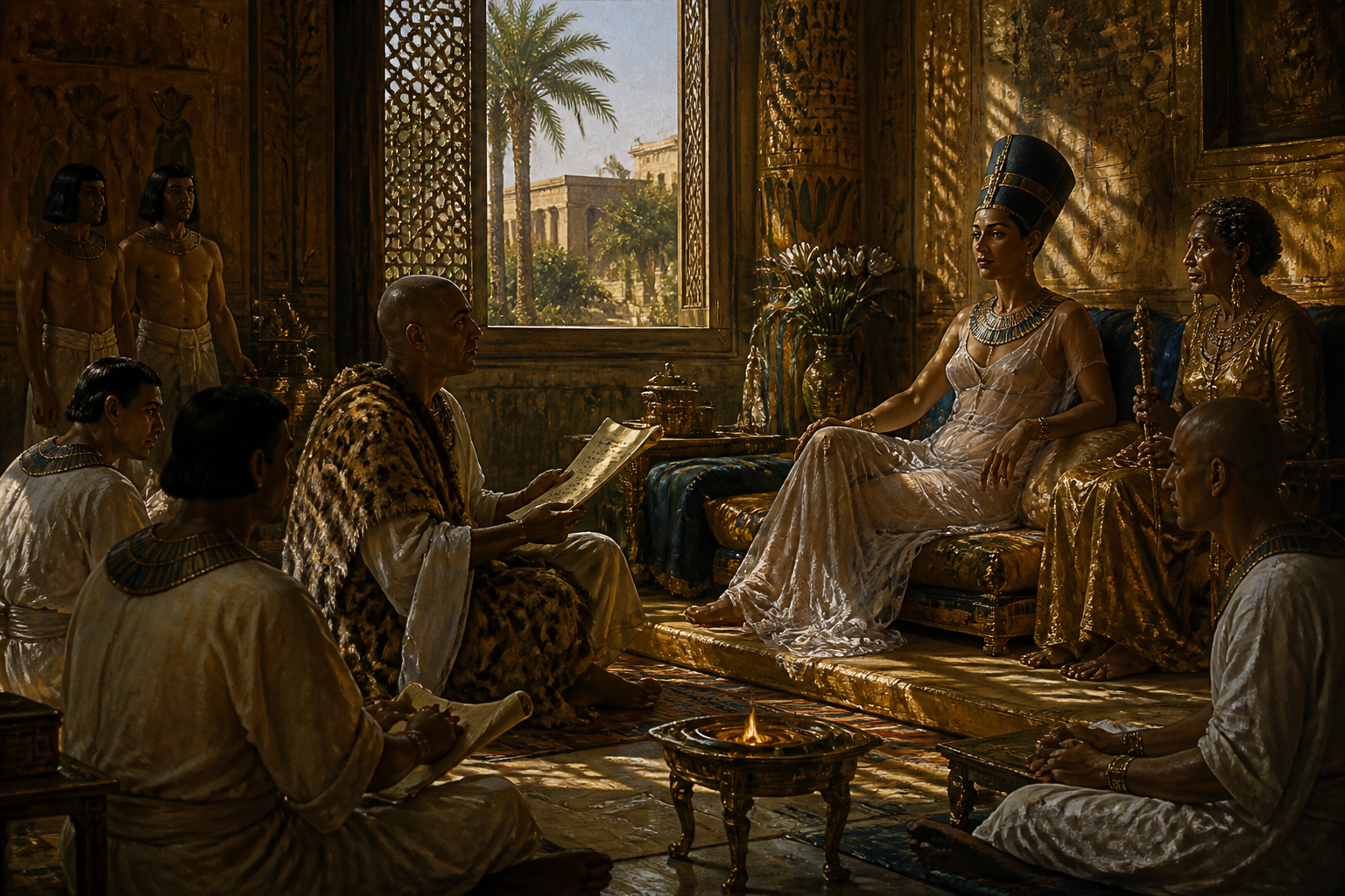 In the private chambers of the palace, Nefertiti, adorned in a deep blue crown and beaded wesekh collar, sits with her advisors, her role as co-ruler clearly… In the private chambers of the palace, Nefertiti, adorned in a deep blue crown and beaded wesekh collar, sits with her advisors, her role as co-ruler clearly…