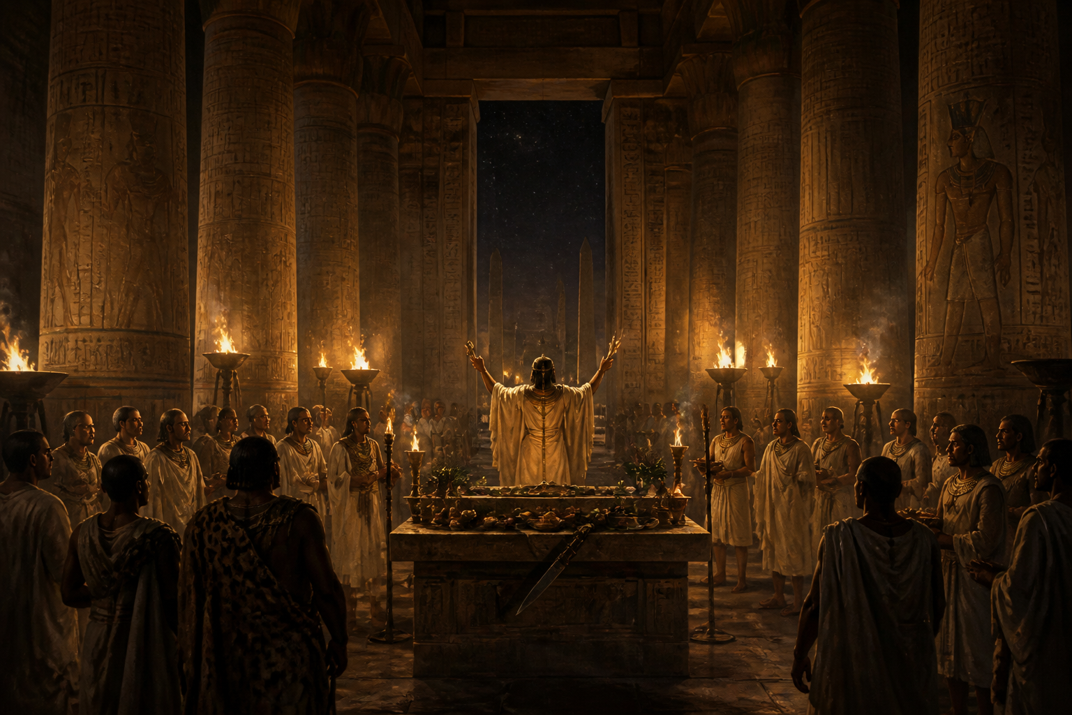 Amidst the torches flickering in the Temple of Amun at Thebes, the priests plot their return to power. These sacred halls, long revered, now echo with whispers… Amidst the torches flickering in the Temple of Amun at Thebes, the priests plot their return to power. These sacred halls, long revered, now echo with whispers…