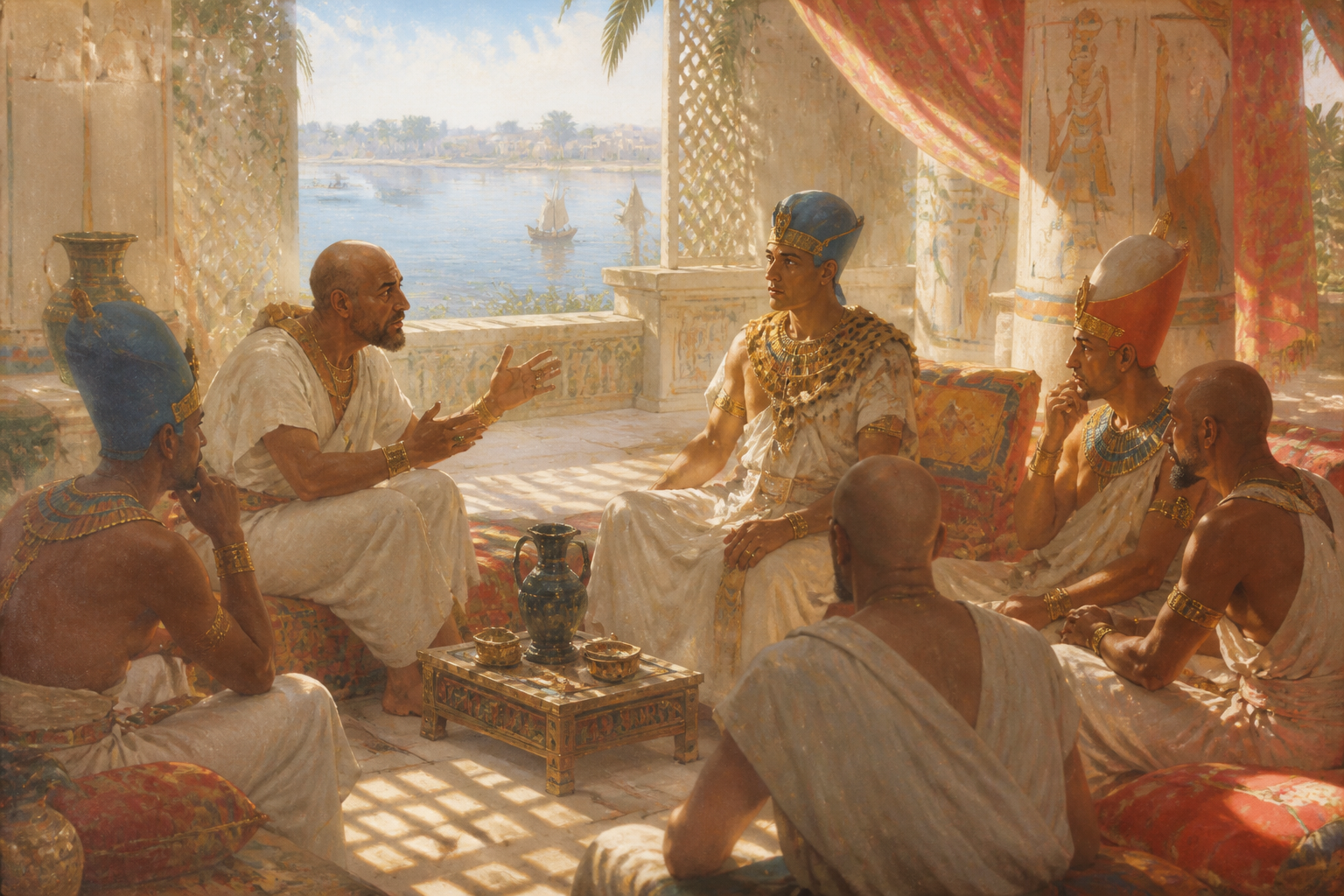 In einer schattigen Nische des Palastes von Malkata lauscht der junge Echnaton aufmerksam den Ratschlägen seines Vaters, Amenhotep III. In einer schattigen Nische des Palastes von Malkata lauscht der junge Echnaton aufmerksam den Ratschlägen seines Vaters, Amenhotep III.