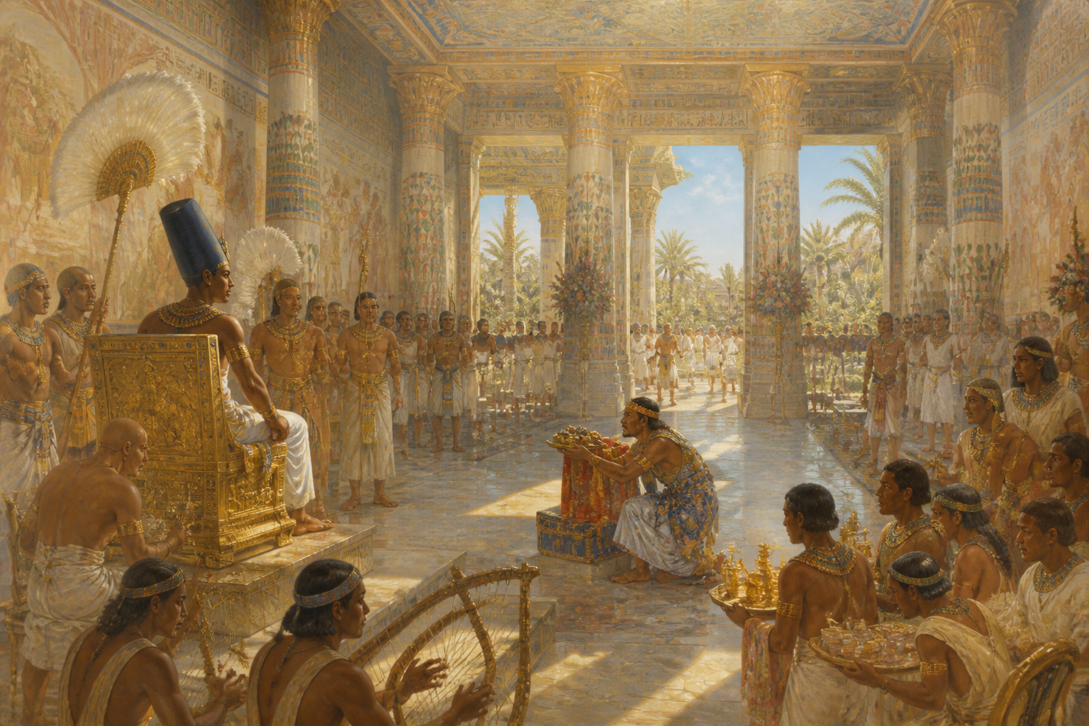 Im Herzen seines Reiches steht der Palast von Amenhotep III in Malkata als Symbol für Prunk und Macht. Der weitläufige Komplex ist voller Aktivität; Diener… Im Herzen seines Reiches steht der Palast von Amenhotep III in Malkata als Symbol für Prunk und Macht. Der weitläufige Komplex ist voller Aktivität; Diener…