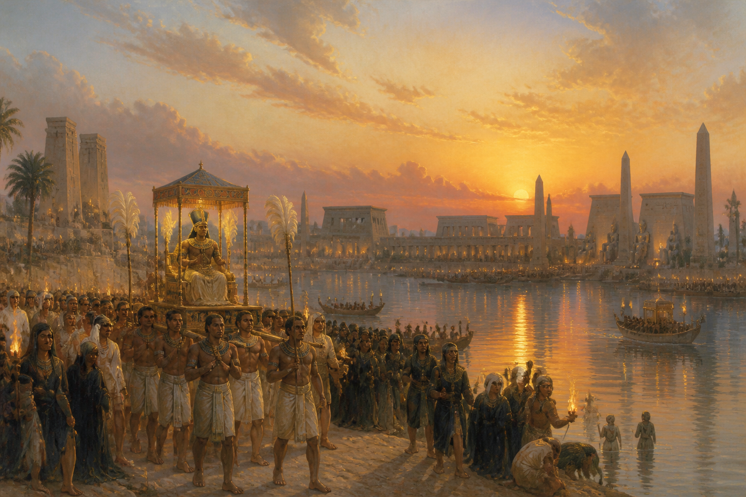 Die Sonne geht unter über der Herrschaft von Amenhotep III und wirft lange Schatten über die Monumente und Tempel, die sein Vermächtnis markieren. Die Sonne geht unter über der Herrschaft von Amenhotep III und wirft lange Schatten über die Monumente und Tempel, die sein Vermächtnis markieren.