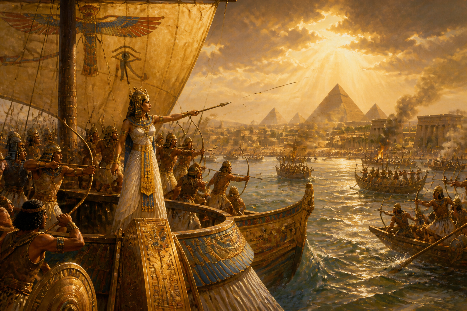 Under the relentless sun, the waters of the Nile witness the clash between the forces of Cleopatra and those of her brother, Ptolemy XIII. Under the relentless sun, the waters of the Nile witness the clash between the forces of Cleopatra and those of her brother, Ptolemy XIII.