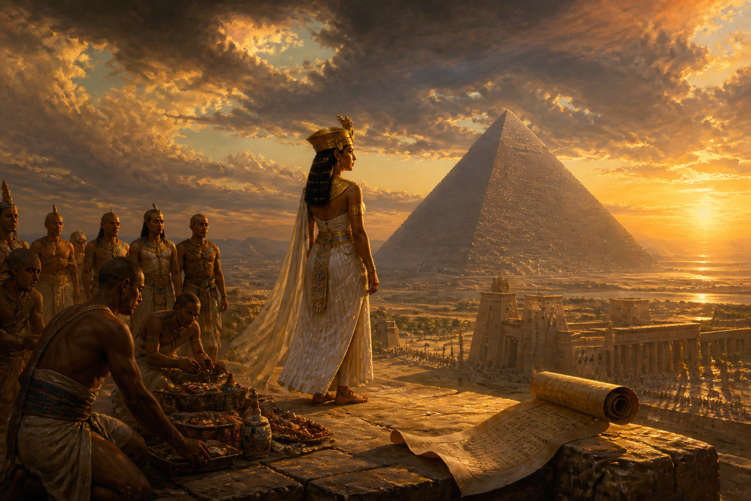 In the shadow of the Great Pyramid, Cleopatra stands at the threshold of eternity. News of Antony's demise has reached her, and the realization that her own end… In the shadow of the Great Pyramid, Cleopatra stands at the threshold of eternity. News of Antony's demise has reached her, and the realization that her own end…