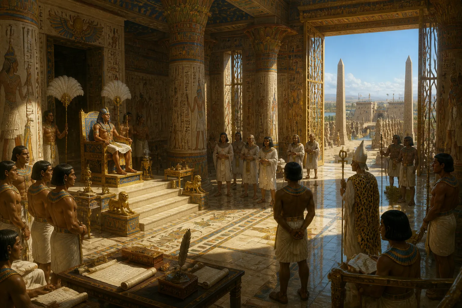 A grandiosidade da Sala do Trono do Rei em Karnak fala de poder e divindade. Aqui, sob imensas colunas esculpidas com hieróglifos, o Faraó Ramsés II… A grandiosidade da Sala do Trono do Rei em Karnak fala de poder e divindade. Aqui, sob imensas colunas esculpidas com hieróglifos, o Faraó Ramsés II…