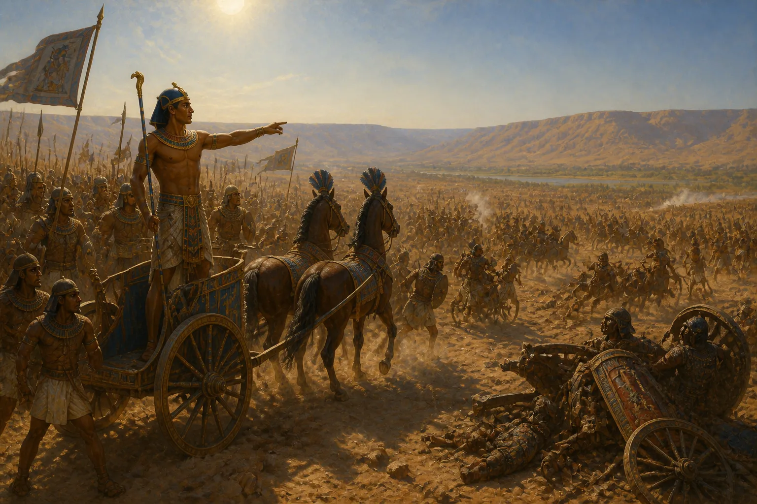 Nas planícies ensolaradas de Kadesh, o Faraó Ramsés II se posiciona à frente de seu carro, liderando a investida contra as forças hititas. Nas planícies ensolaradas de Kadesh, o Faraó Ramsés II se posiciona à frente de seu carro, liderando a investida contra as forças hititas.