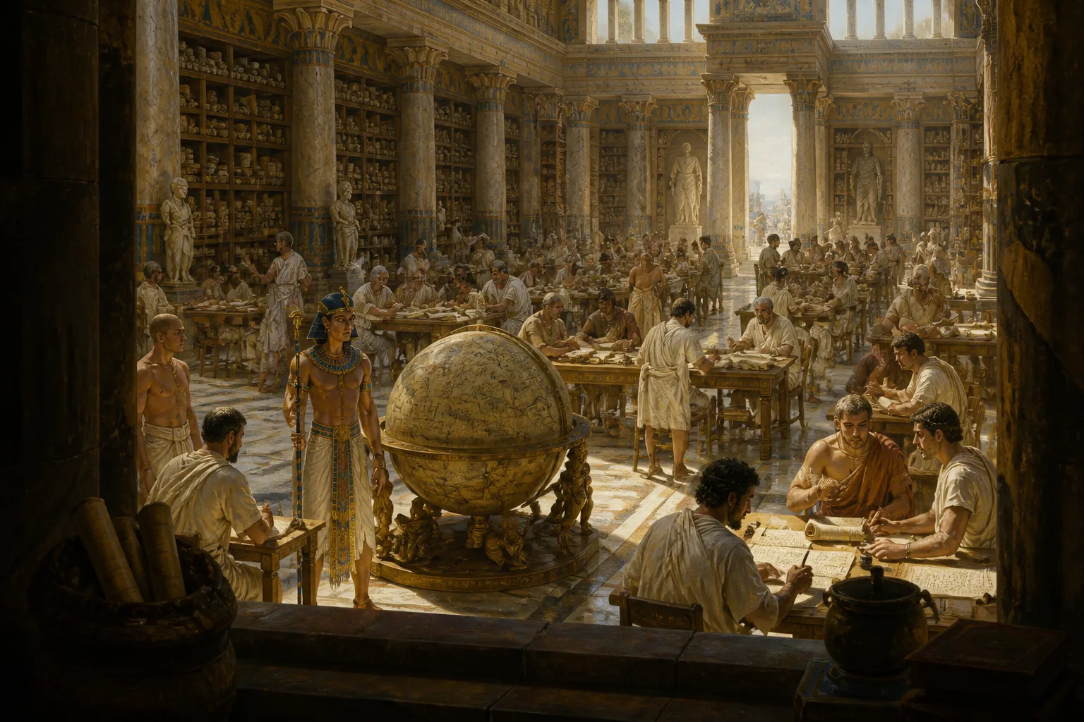 Na movimentada Biblioteca de Alexandria, pergaminhos de todo o mundo conhecido são meticulosamente reunidos. Acadêmicos, vestidos com uma mistura de himations… Na movimentada Biblioteca de Alexandria, pergaminhos de todo o mundo conhecido são meticulosamente reunidos. Acadêmicos, vestidos com uma mistura de himations…