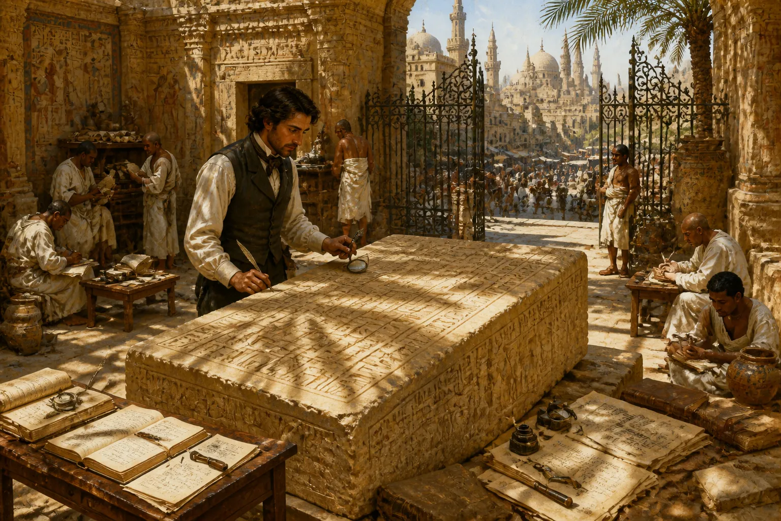 No pátio ensolarado de um edifício histórico do Cairo, um jovem linguista francês se inclina sobre a Pedra de Roseta, sua mente intensamente concentrada em… No pátio ensolarado de um edifício histórico do Cairo, um jovem linguista francês se inclina sobre a Pedra de Roseta, sua mente intensamente concentrada em…