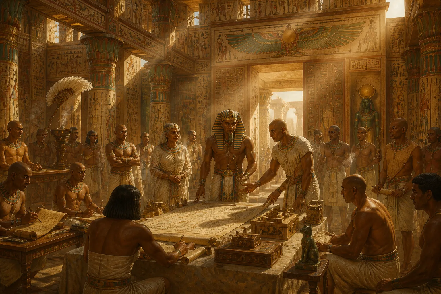 Inside the hallowed halls of Memphis, Hemiunu presents his ambitious architectural plans to the king. Scrolls are unfurled on a stone table, each detailing the… Inside the hallowed halls of Memphis, Hemiunu presents his ambitious architectural plans to the king. Scrolls are unfurled on a stone table, each detailing the…