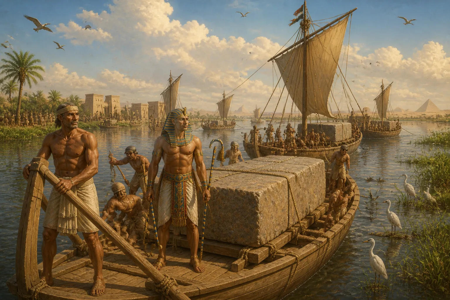 A remarkable flotilla of boats navigates the timeless Nile, each vessel heavily laden with monumental granite blocks. The river, with its gentle current and… A remarkable flotilla of boats navigates the timeless Nile, each vessel heavily laden with monumental granite blocks. The river, with its gentle current and…