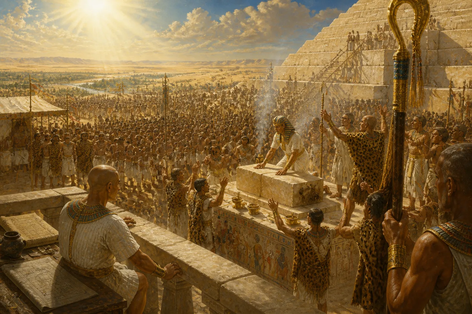 In a sacred ceremony at the base of the Great Pyramid, Khufu lays the pyramid's foundational stone with precise reverence. In a sacred ceremony at the base of the Great Pyramid, Khufu lays the pyramid's foundational stone with precise reverence.
