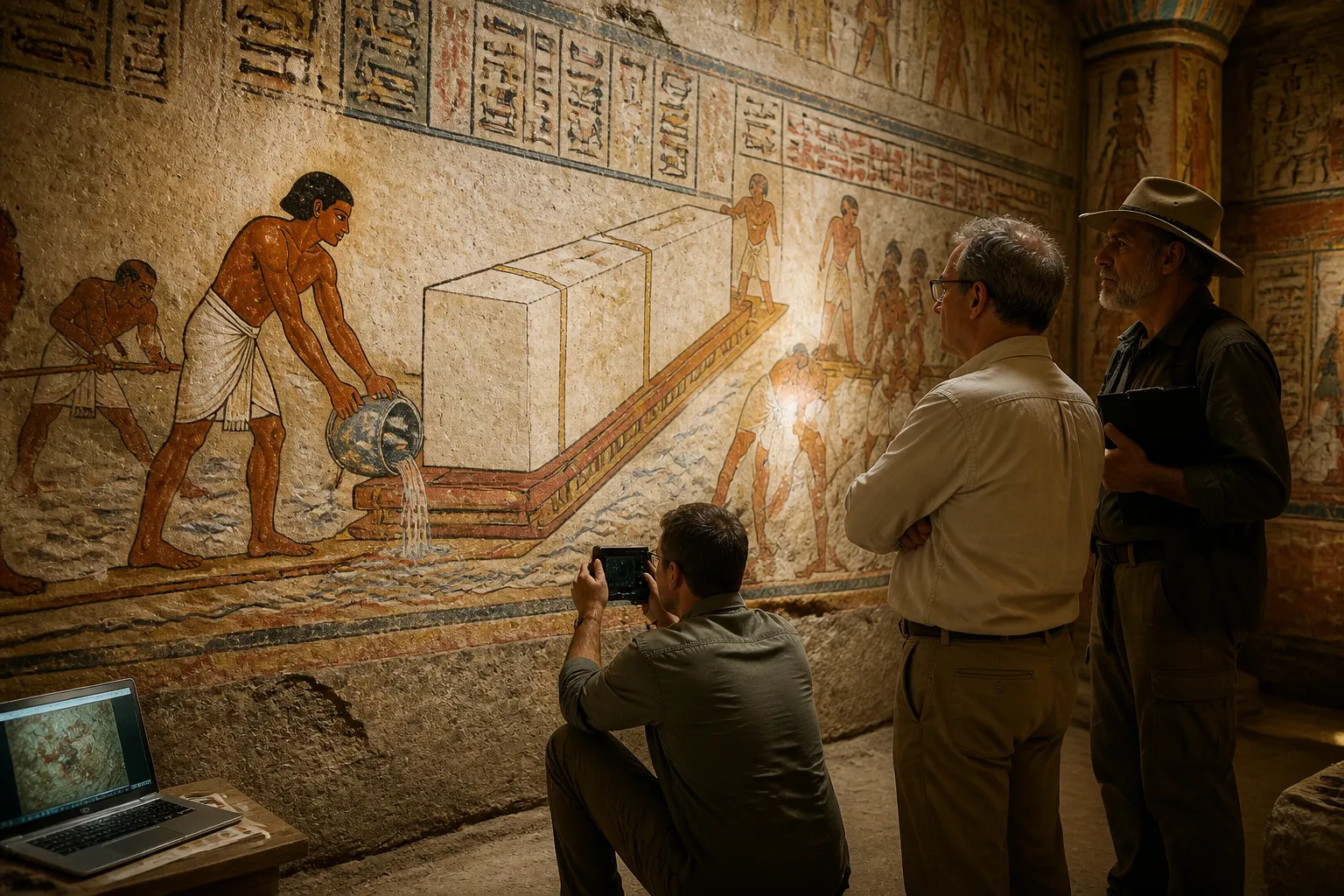 In an ancient tomb chamber, a painting captures the intricate scene of a man pouring water before a heavily laden sledge. In an ancient tomb chamber, a painting captures the intricate scene of a man pouring water before a heavily laden sledge.