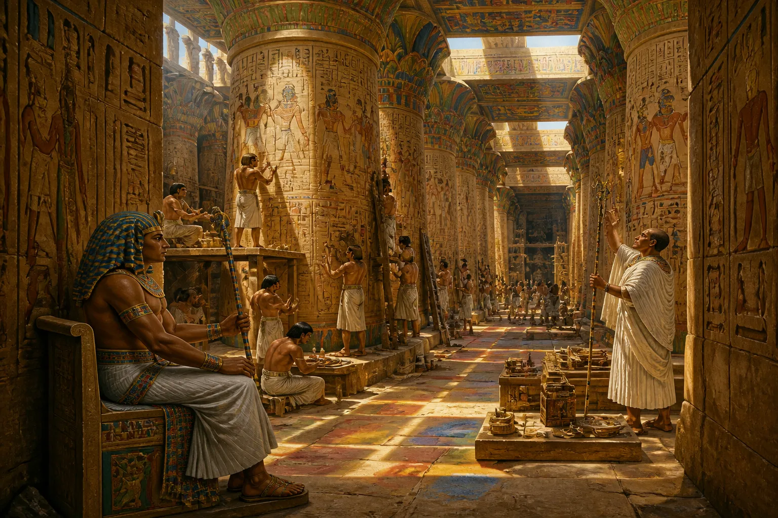 Upon entering the grand Hypostyle Hall, visitors find themselves dwarfed by a forest of 134 massive columns stretching upward to touch the sky. Upon entering the grand Hypostyle Hall, visitors find themselves dwarfed by a forest of 134 massive columns stretching upward to touch the sky.