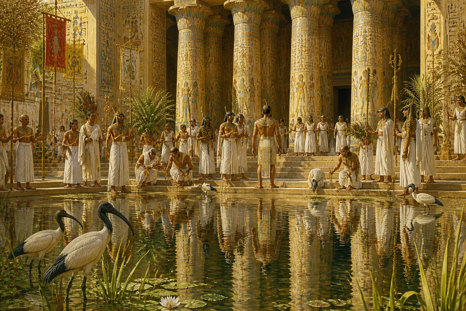 Beside the sacred lake of Karnak, the reflection of the temple's towering structures wavers on the water's mirror-like surface. Beside the sacred lake of Karnak, the reflection of the temple's towering structures wavers on the water's mirror-like surface.