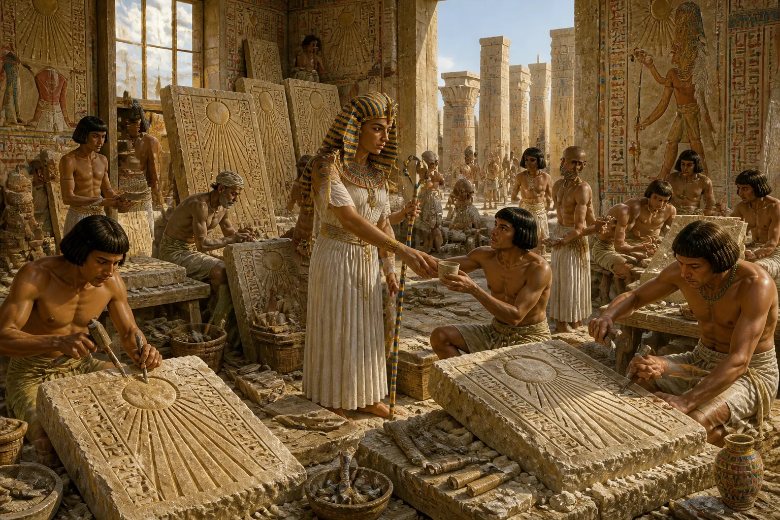 In the sunlit stone workshop, a transformation unfolds as artisans diligently etch new images onto the venerable walls of Karnak. In the sunlit stone workshop, a transformation unfolds as artisans diligently etch new images onto the venerable walls of Karnak.