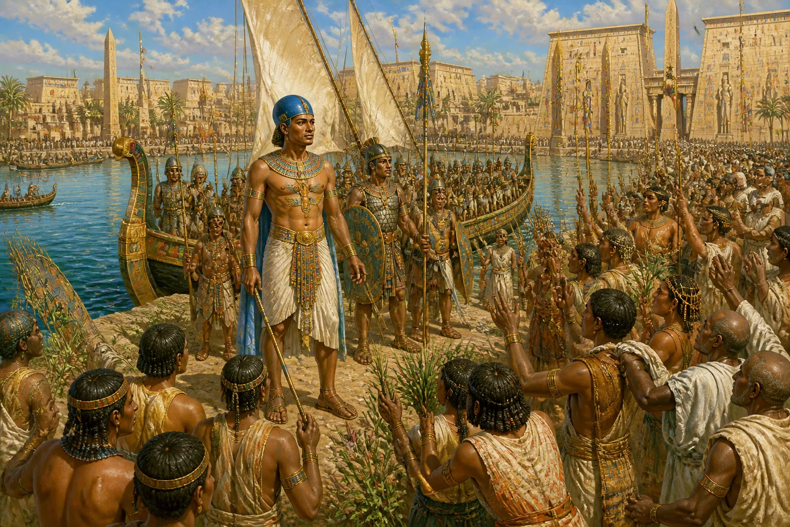 Upon the sun-drenched banks of the Nile, near the bustling city of Thebes, the triumphant return of military vessels heralds a victorious campaign. Upon the sun-drenched banks of the Nile, near the bustling city of Thebes, the triumphant return of military vessels heralds a victorious campaign.