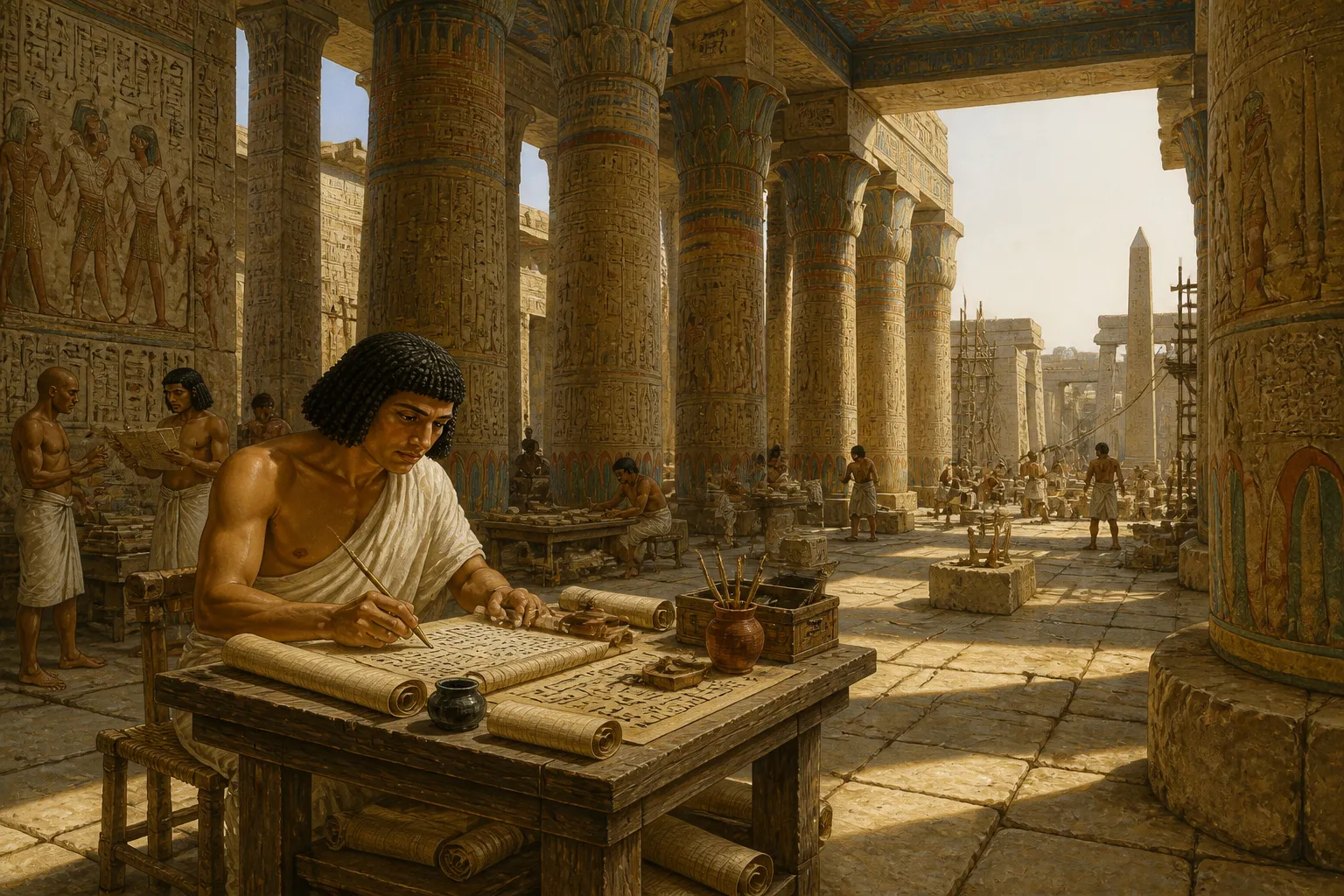 Within the cool, shadowed embrace of Karnak's sandstone colonnade, a scribe meticulously records the deeds and decrees of Pharaoh Seti I. Within the cool, shadowed embrace of Karnak's sandstone colonnade, a scribe meticulously records the deeds and decrees of Pharaoh Seti I.