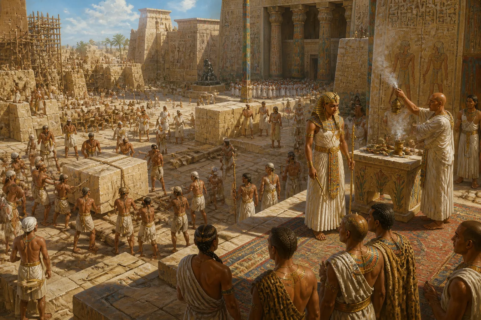 In the grand courtyard of Karnak, Pharaoh Ramesses II stands amidst a scene of energetic construction, the air alive with the vibrancy of ancient ambition. In the grand courtyard of Karnak, Pharaoh Ramesses II stands amidst a scene of energetic construction, the air alive with the vibrancy of ancient ambition.
