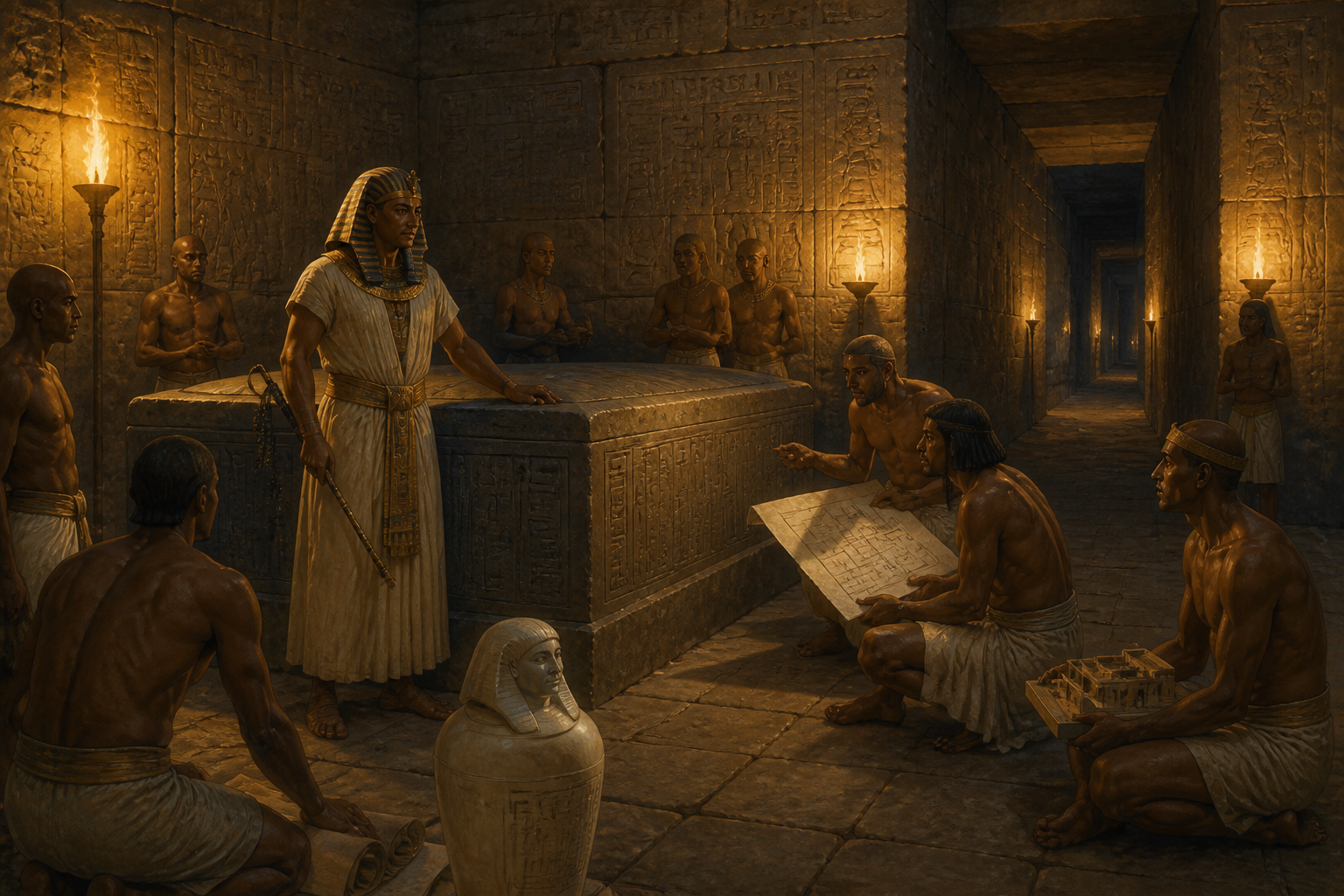 Within the heart of the pyramid, deep in the labyrinthine chambers, Khufu stood among the stone walls that would one day cradle his eternal rest. Within the heart of the pyramid, deep in the labyrinthine chambers, Khufu stood among the stone walls that would one day cradle his eternal rest.