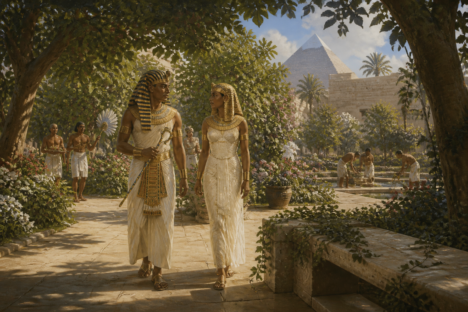 Within the serenity of the royal garden at Giza, Khufu found solace and counsel. The garden, a lush sanctuary of fig and pomegranate trees, was a place where… Within the serenity of the royal garden at Giza, Khufu found solace and counsel. The garden, a lush sanctuary of fig and pomegranate trees, was a place where…