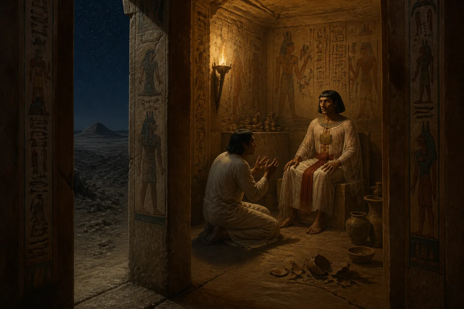In a dimly lit tomb chamber at Abusir, a sense of ancient mystery pervaded the air as a husband knelt before his wife's ornately decorated sarcophagus, a simple… In a dimly lit tomb chamber at Abusir, a sense of ancient mystery pervaded the air as a husband knelt before his wife's ornately decorated sarcophagus, a simple…
