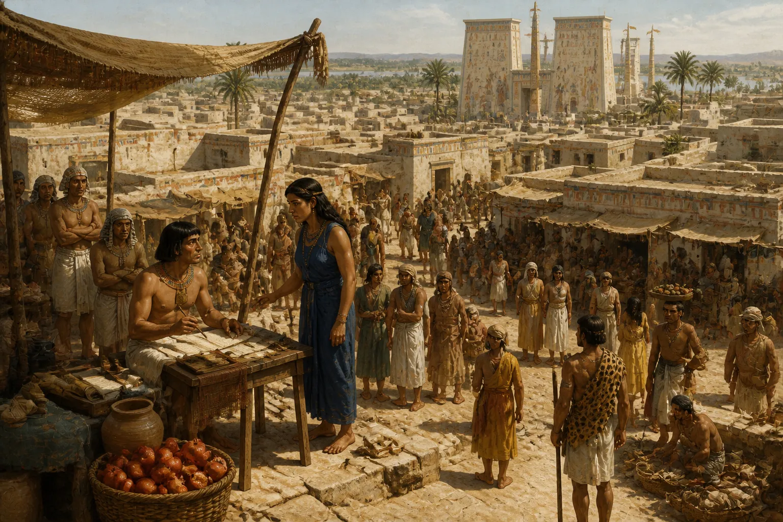 In the bustling market streets of Thebes, the air is thick with the scent of spices and the sound of merchants calling out their wares. In the bustling market streets of Thebes, the air is thick with the scent of spices and the sound of merchants calling out their wares.