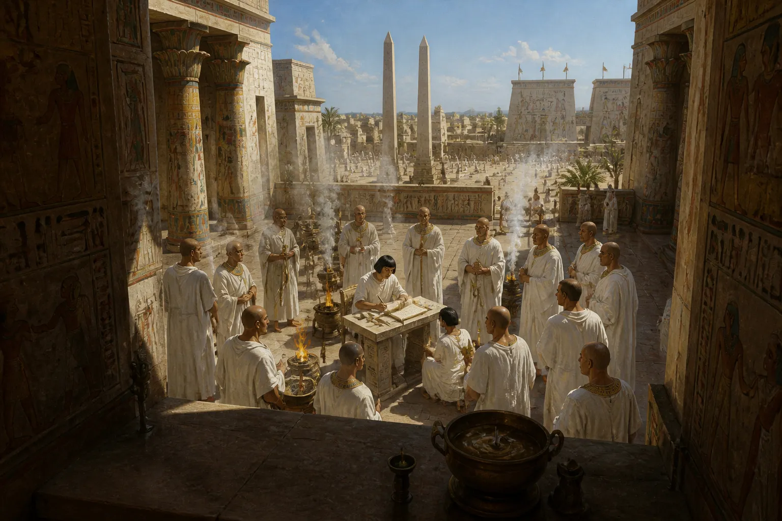 Within the towering sandstone walls of Heliopolis, the sacred precinct echoes with the rhythmic chanting of priests. Clad in the pristine white vestments of his… Within the towering sandstone walls of Heliopolis, the sacred precinct echoes with the rhythmic chanting of priests. Clad in the pristine white vestments of his…