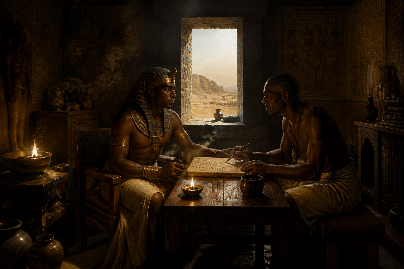 Within the stone walls of a private chamber at Hierakonpolis, the trusted counselor Ka meets with Narmer. The air is cool and shadowed, providing a respite from… Within the stone walls of a private chamber at Hierakonpolis, the trusted counselor Ka meets with Narmer. The air is cool and shadowed, providing a respite from…