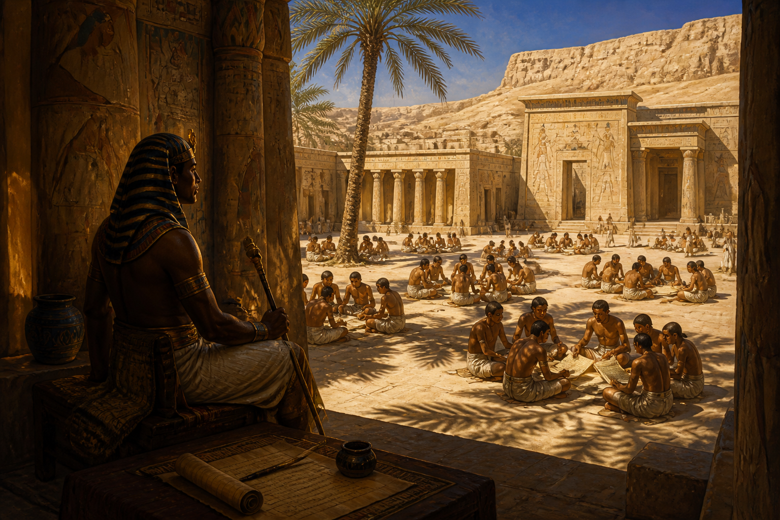 Under the canopy of a clear blue sky at Abydos, the first scribes of Egypt gather. Here, nestled among the sacred tombs and ancient sands, an epoch of literacy… Under the canopy of a clear blue sky at Abydos, the first scribes of Egypt gather. Here, nestled among the sacred tombs and ancient sands, an epoch of literacy…