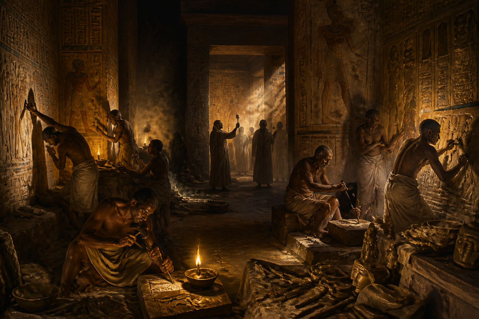 In the cool shadows of the tomb at Abydos, artisans chisel Narmer's name into stone, preparing his eternal resting place. In the cool shadows of the tomb at Abydos, artisans chisel Narmer's name into stone, preparing his eternal resting place.
