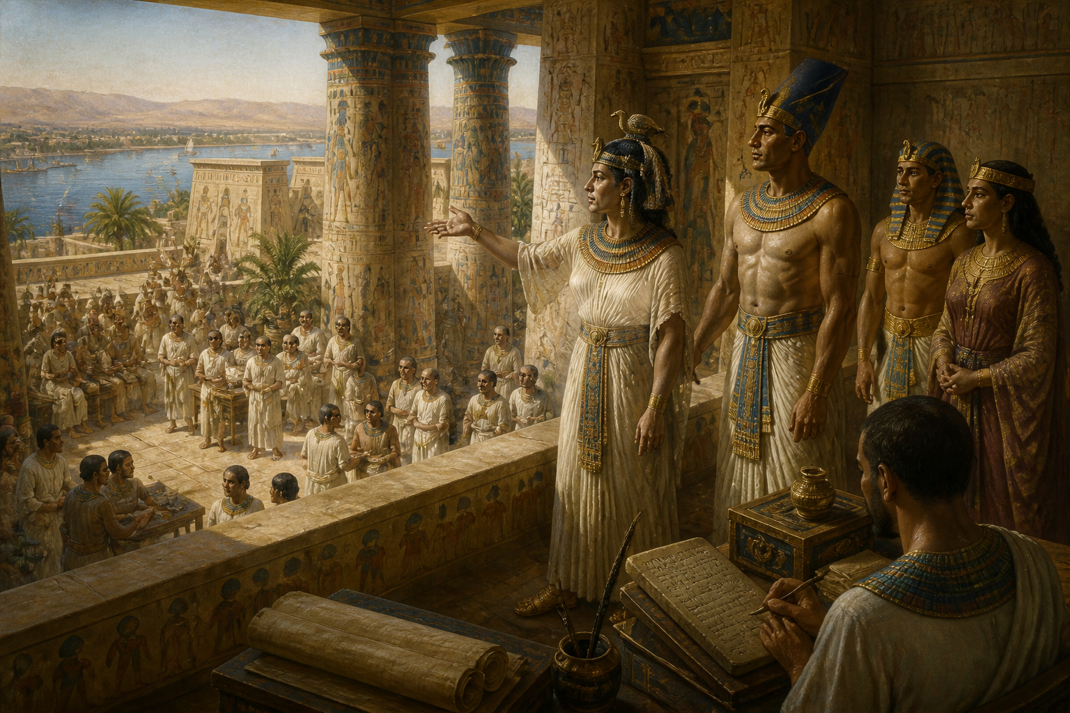 Within the heart of the Theban palace, Nefertari orchestrates diplomacy. The room is alive with the scent of incense, the murmurs of courtiers, and the rustle… Within the heart of the Theban palace, Nefertari orchestrates diplomacy. The room is alive with the scent of incense, the murmurs of courtiers, and the rustle…