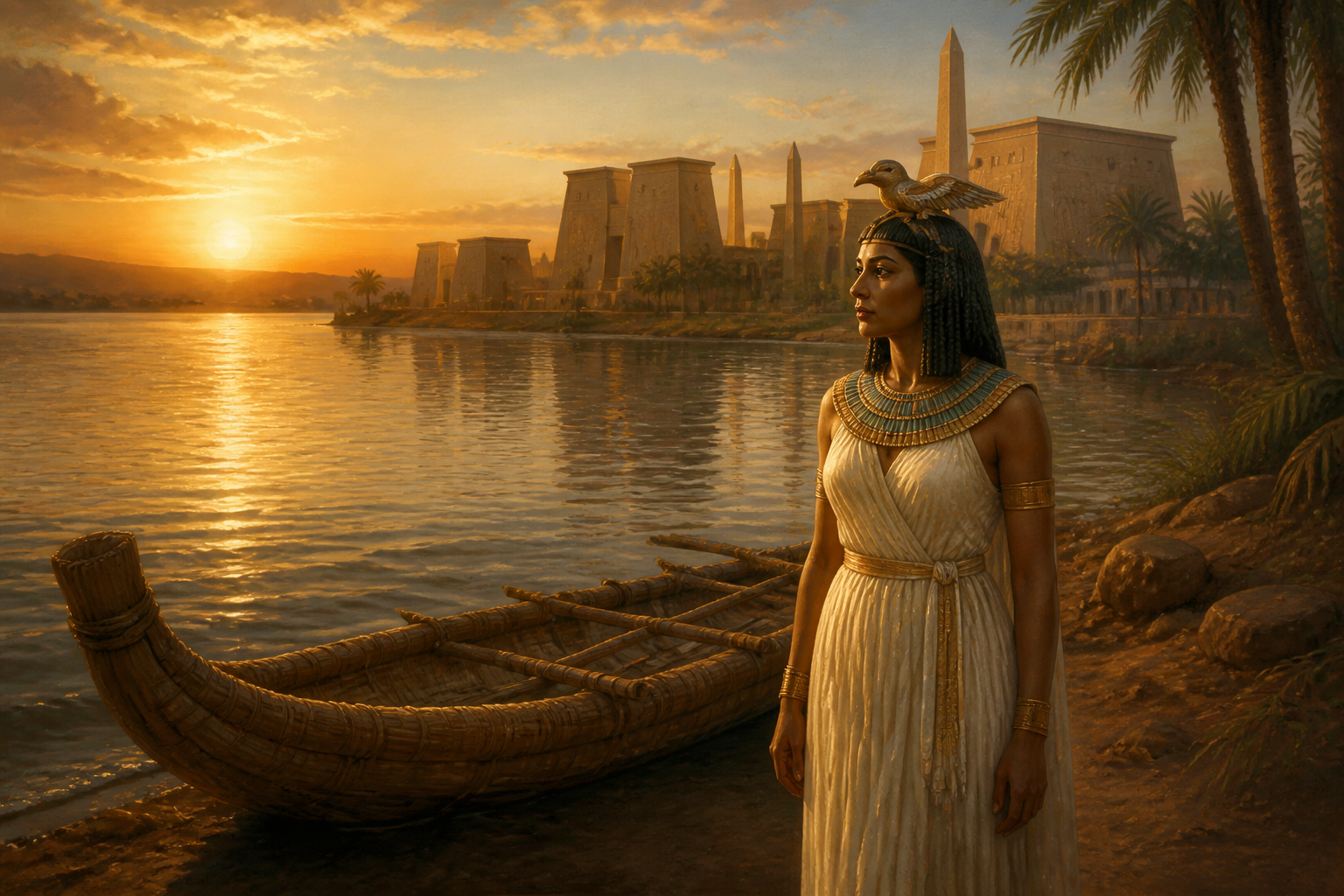 The Nile, the lifeline of empires, flows serenely as the sun sets on another day. On its banks, Nefertari walks with dignity and grace, surrounded by a retinue… The Nile, the lifeline of empires, flows serenely as the sun sets on another day. On its banks, Nefertari walks with dignity and grace, surrounded by a retinue…