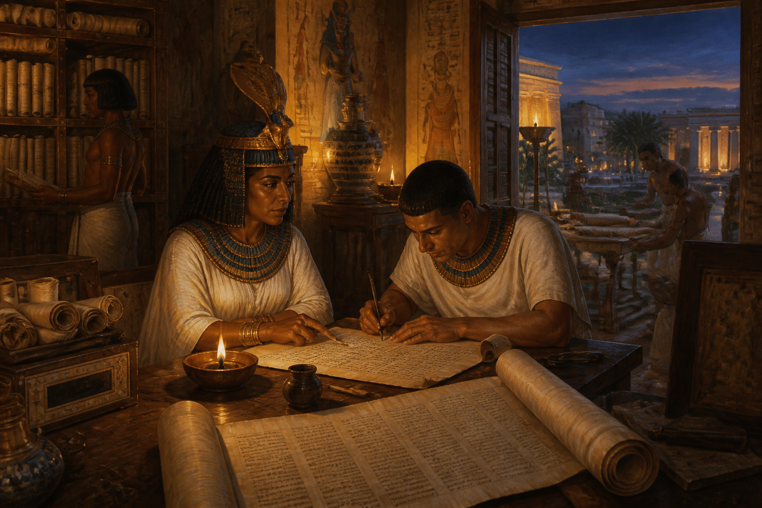 In a quiet alcove of the royal library, Nefertari confers with a scribe. Papyrus scrolls, meticulously inscribed, cover the tables, detailing treaties, trade… In a quiet alcove of the royal library, Nefertari confers with a scribe. Papyrus scrolls, meticulously inscribed, cover the tables, detailing treaties, trade…