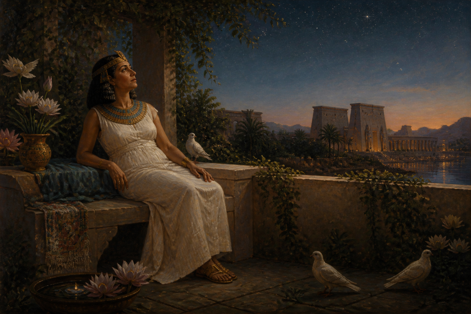 As twilight envelops the land, Nefertari sits quietly in the temple garden, surrounded by blooming lotus flowers and the gentle coo of doves. As twilight envelops the land, Nefertari sits quietly in the temple garden, surrounded by blooming lotus flowers and the gentle coo of doves.