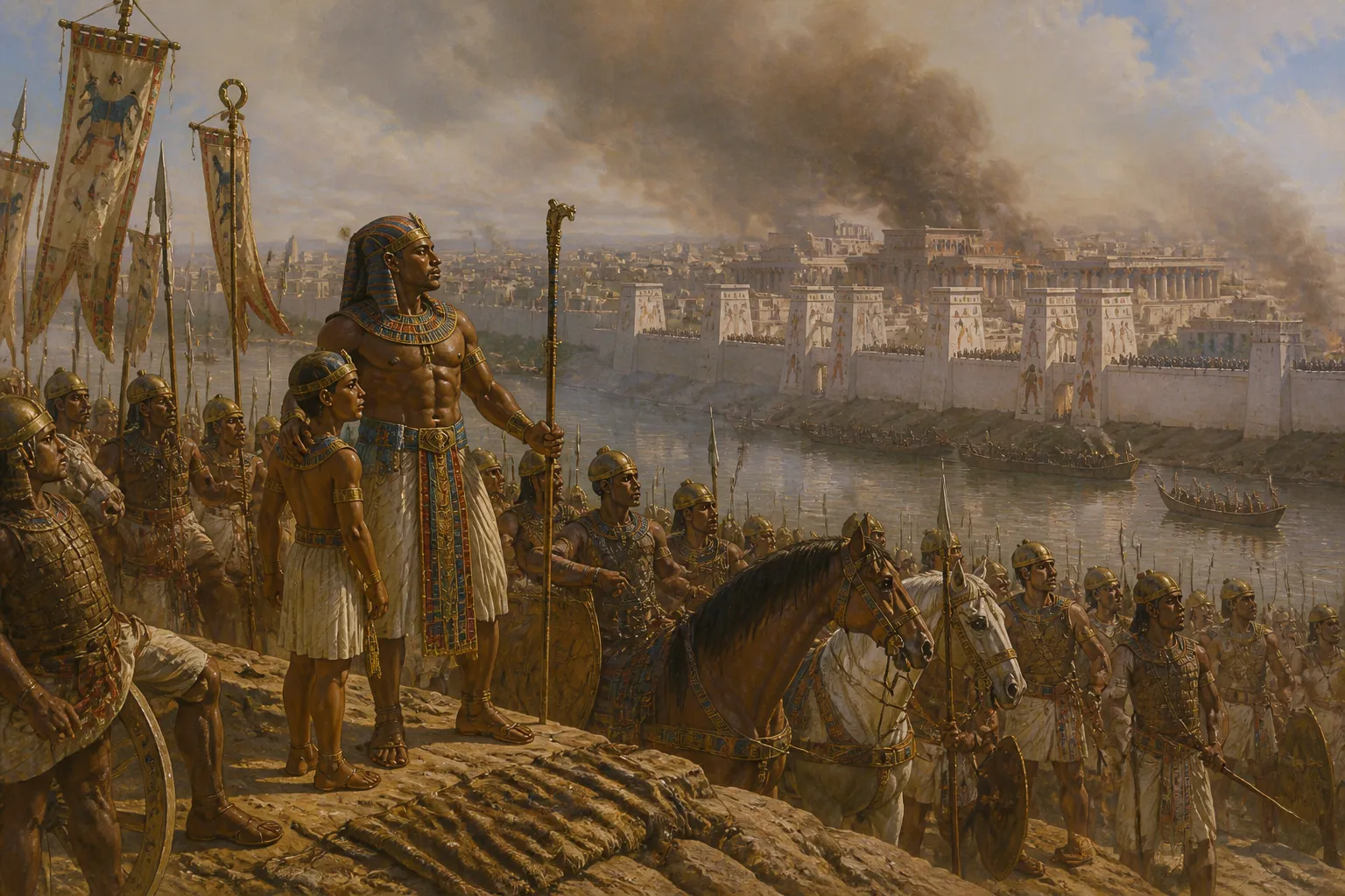 Piye stands amidst the grand sprawl of Memphis, the city of white walls, a testimony to centuries of Egyptian civilization. Piye stands amidst the grand sprawl of Memphis, the city of white walls, a testimony to centuries of Egyptian civilization.