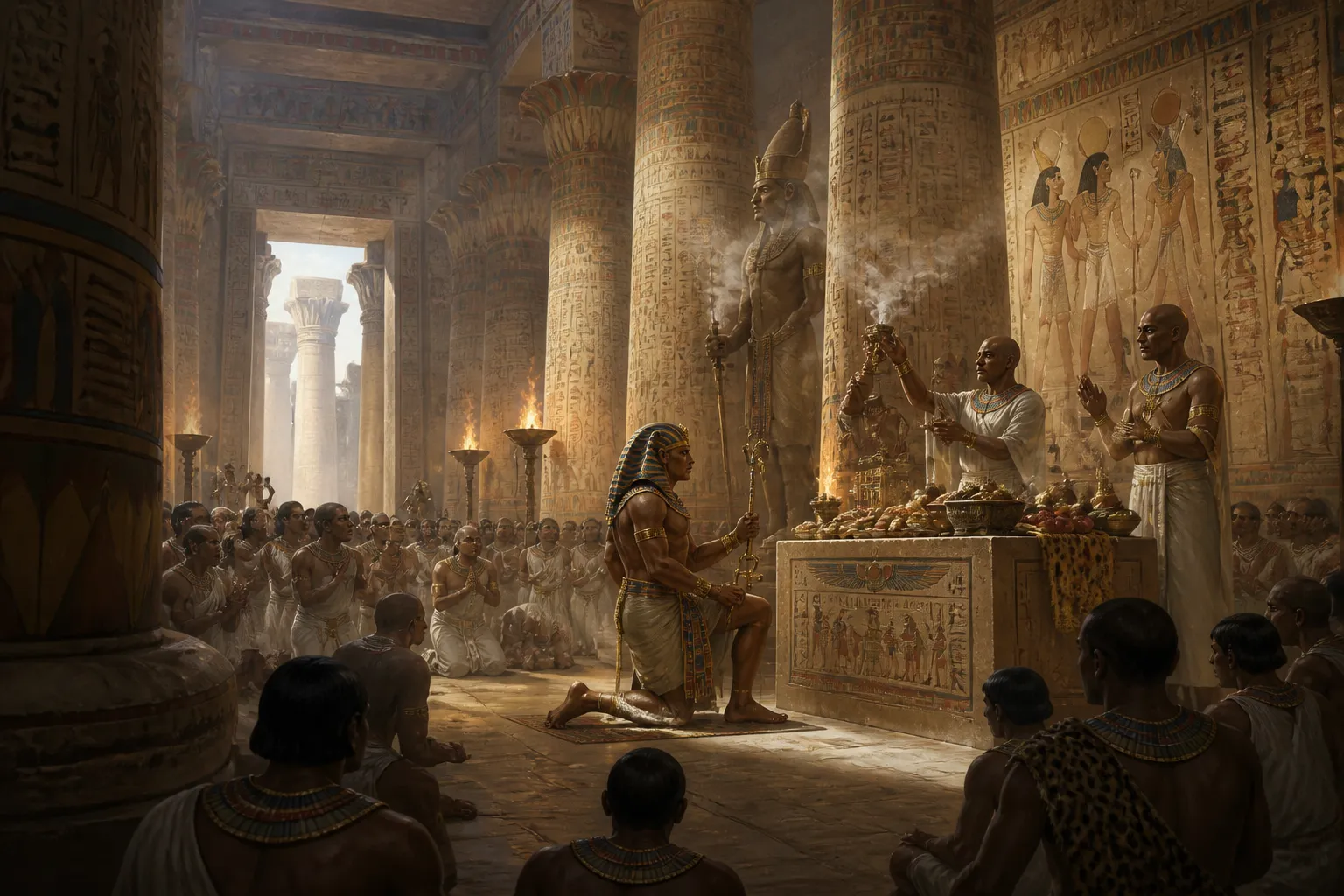 In the sanctuary of Karnak, Piye makes offerings to Amun, the temple’s towering pillars bearing silent witness to his devotion. In the sanctuary of Karnak, Piye makes offerings to Amun, the temple’s towering pillars bearing silent witness to his devotion.