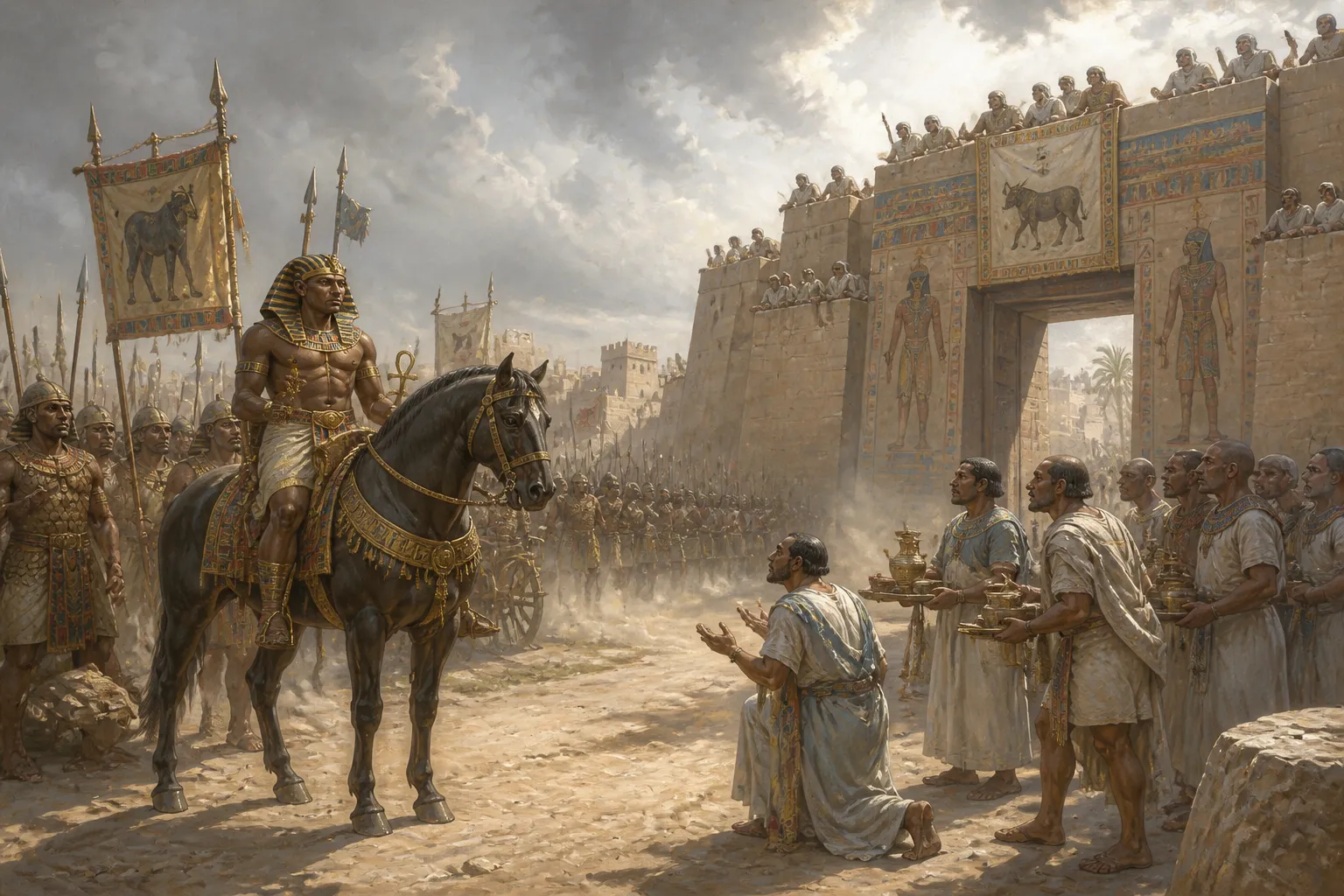At Hermopolis, Namlot, ruler of the region, stands defiant against Piye’s forces, his resolve unshaken. The city, a steadfast beacon of resistance, prepares for… At Hermopolis, Namlot, ruler of the region, stands defiant against Piye’s forces, his resolve unshaken. The city, a steadfast beacon of resistance, prepares for…