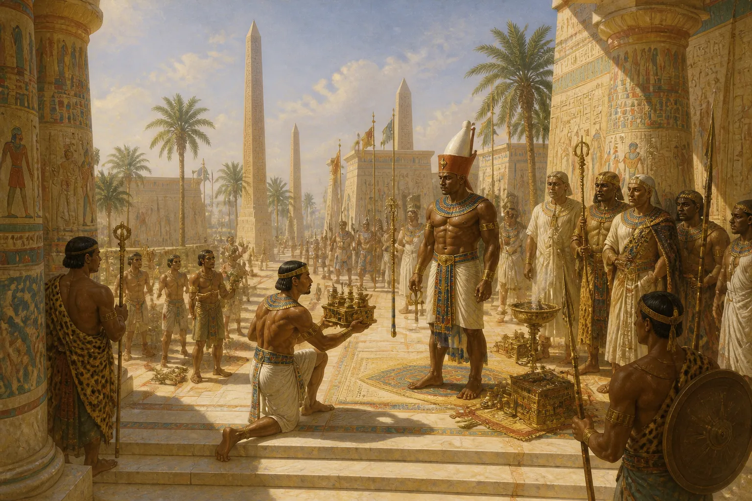 Piye’s triumph becomes inevitable as Peftjauawybast, ruler of Nimlot, agrees to surrender, acknowledging the greater power that Piye wields. Piye’s triumph becomes inevitable as Peftjauawybast, ruler of Nimlot, agrees to surrender, acknowledging the greater power that Piye wields.