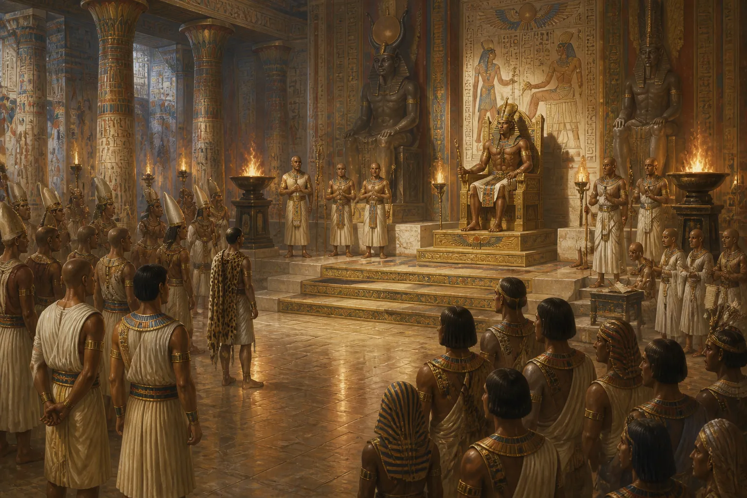 In the heart of Thebes, Piye presides over a council of leaders, their fates delicately balanced, resting in his capable hands. In the heart of Thebes, Piye presides over a council of leaders, their fates delicately balanced, resting in his capable hands.