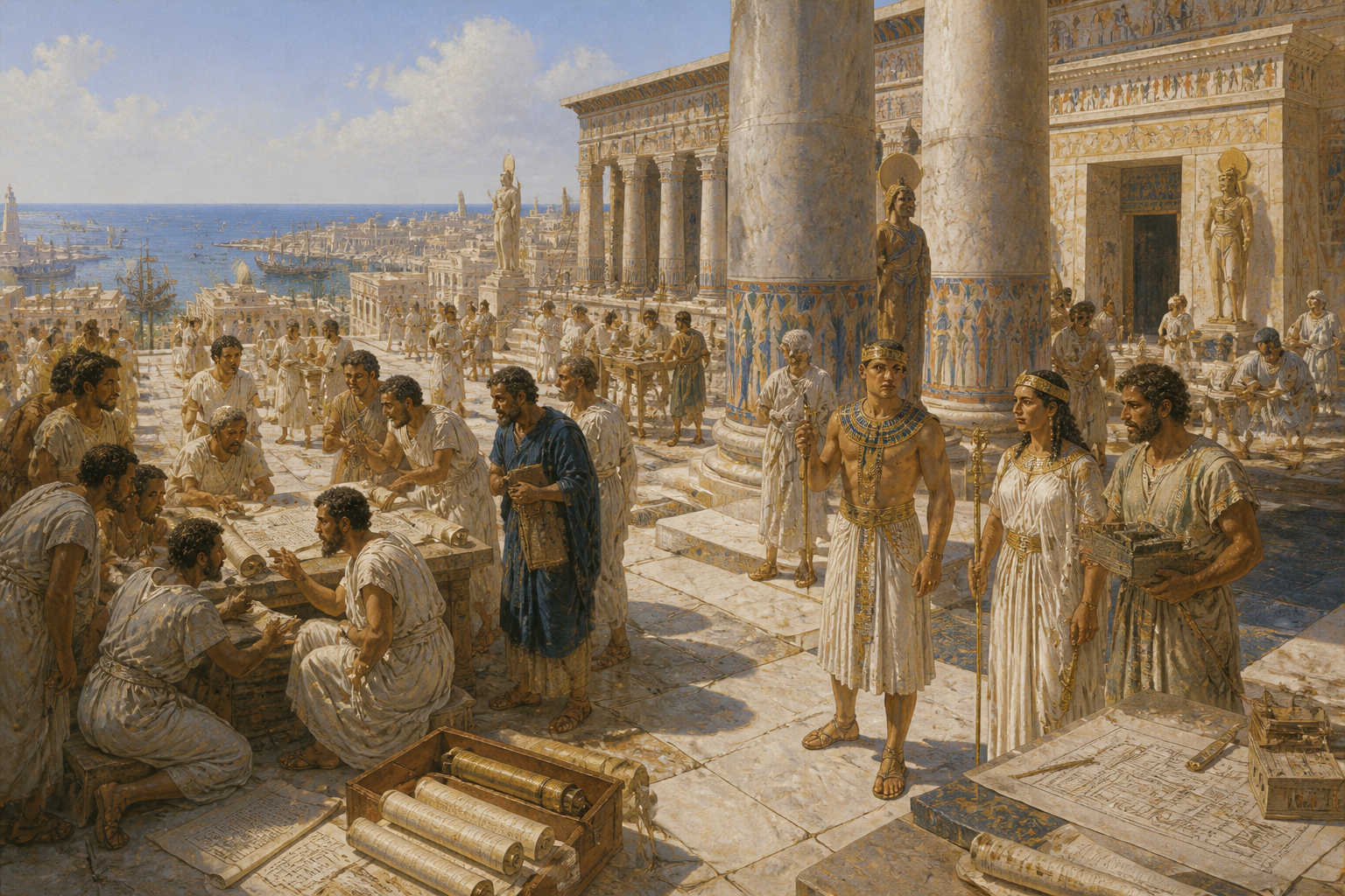 Na vasta extensão de Alexandria, uma cidade projetada para encarnar o auge da cultura helenística, Ptolemeu II emerge como um governante de visão e intelecto. Na vasta extensão de Alexandria, uma cidade projetada para encarnar o auge da cultura helenística, Ptolemeu II emerge como um governante de visão e intelecto.